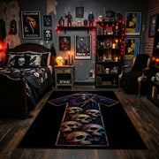 Skull Cross Area Rug displayed beneath a gallery of gothic wall art