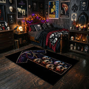 Skull Cross Area Rug styled in a room with red shelves and spooky ornaments