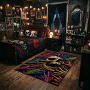 Neon Skull and Skeleton Hands Area Rug styled in a gothic bedroom with a dark bed and wall art