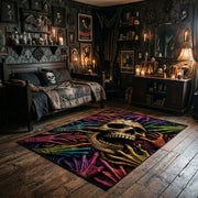 Neon Skull and Skeleton Hands Area Rug wide room view with dark furnishings and Halloween decorations