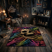 Neon Skull and Skeleton Hands Area Rug styled in a candlelit gothic living room