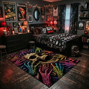 Neon Skull and Skeleton Hands Area Rug shown beside a dark bed in a Halloween themed bedroom