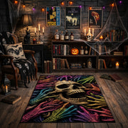 Neon Skull and Skeleton Hands Area Rug front view in a warm candlelit gothic room