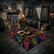 Neon Skull and Skeleton Hands Area Rug displayed in a richly decorated room with a central table