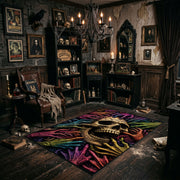 Neon Skull and Skeleton Hands Area Rug angled view beside gothic bedroom furniture