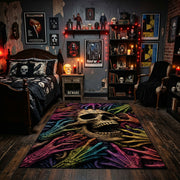 Neon Skull and Skeleton Hands Area Rug displayed beneath a gallery of gothic wall art