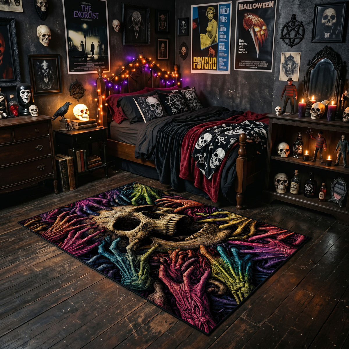Neon Skull and Skeleton Hands Area Rug styled in a room with red shelves and spooky ornaments