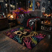 Neon Skull and Skeleton Hands Area Rug styled in a room with red shelves and spooky ornaments