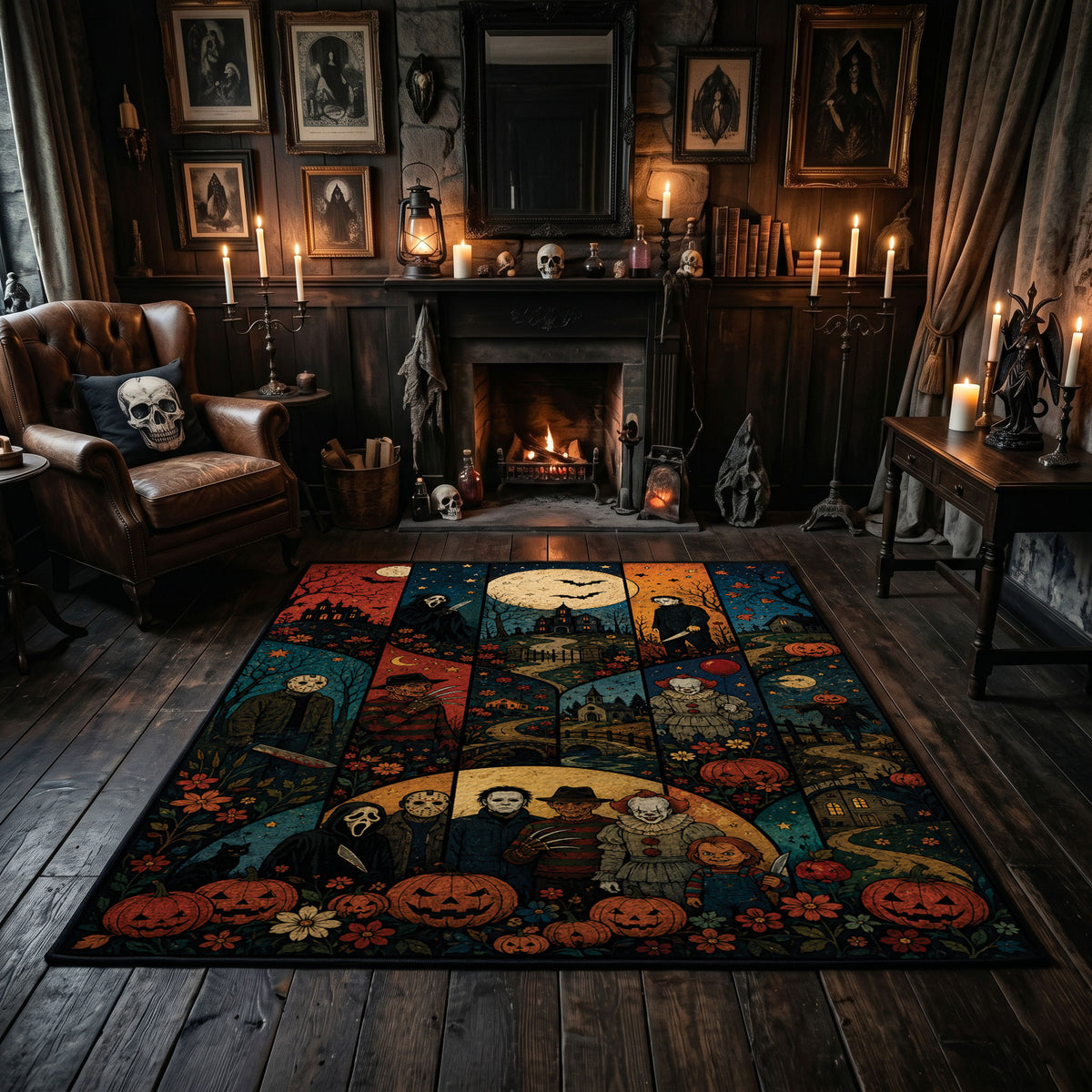 Moonlit Halloween Patchwork Area Rug displayed on a dark floor beside red accented shelving