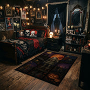 Dark Halloween Patchwork Area Rug styled in a gothic bedroom with a dark bed and wall art