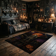 Dark Halloween Patchwork Area Rug wide room view with dark furnishings and Halloween decorations