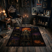 Dark Halloween Patchwork Area Rug styled in a candlelit gothic living room