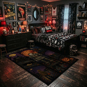 Dark Halloween Patchwork Area Rug shown beside a dark bed in a Halloween themed bedroom