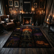 Dark Halloween Patchwork Area Rug displayed on a dark floor beside red accented shelving