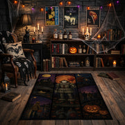 Dark Halloween Patchwork Area Rug front view in a warm candlelit gothic room