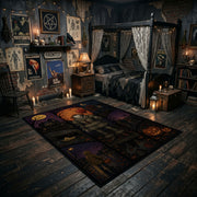 Dark Halloween Patchwork Area Rug displayed in a richly decorated room with a central table
