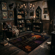 Dark Halloween Patchwork Area Rug angled view beside gothic bedroom furniture
