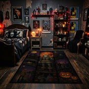 Dark Halloween Patchwork Area Rug displayed beneath a gallery of gothic wall art