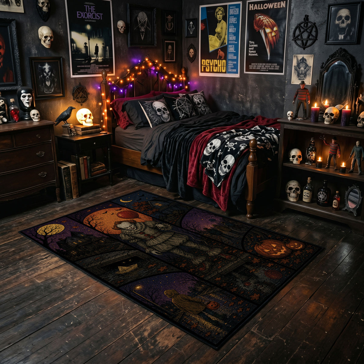 Dark Halloween Patchwork Area Rug styled in a room with red shelves and spooky ornaments