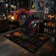 Dark Halloween Patchwork Area Rug styled in a room with red shelves and spooky ornaments