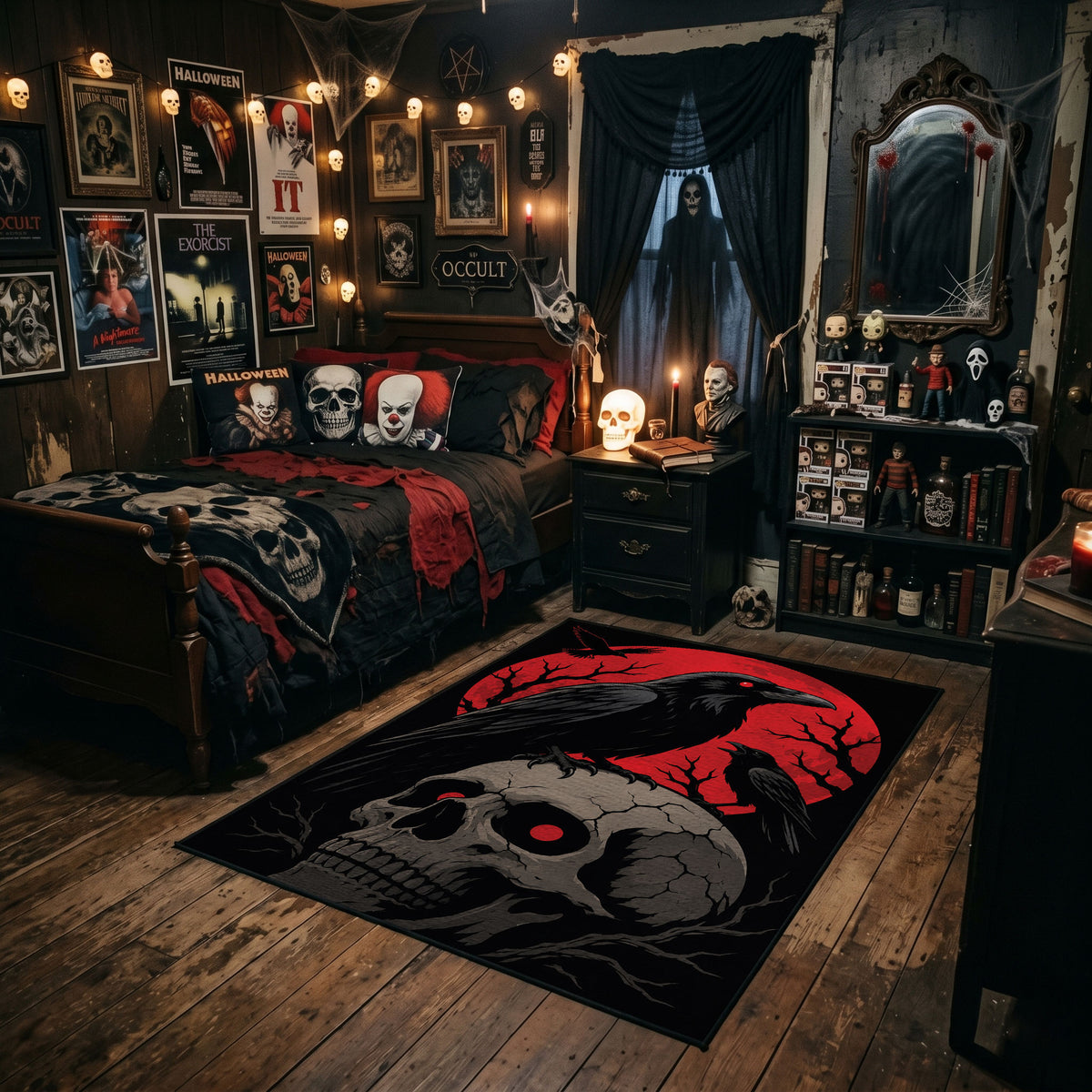 Raven and Skull Area Rug styled in a gothic bedroom with a dark bed and wall art