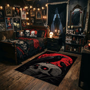 Raven and Skull Area Rug styled in a gothic bedroom with a dark bed and wall art