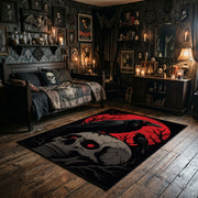 Raven and Skull Area Rug wide room view with dark furnishings and Halloween decorations