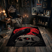 Raven and Skull Area Rug styled in a candlelit gothic living room