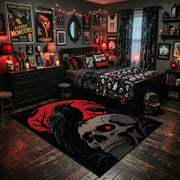 Raven and Skull Area Rug shown beside a dark bed in a Halloween themed bedroom