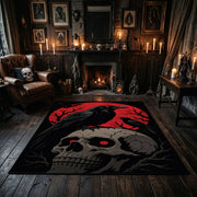 Raven and Skull Area Rug displayed on a dark floor beside red accented shelving
