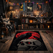 Raven and Skull Area Rug front view in a warm candlelit gothic room
