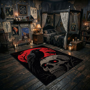 Raven and Skull Area Rug displayed in a richly decorated room with a central table
