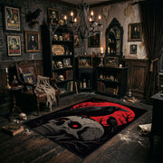 Raven and Skull Area Rug angled view beside gothic bedroom furniture