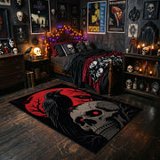 Raven and Skull Area Rug styled in a room with red shelves and spooky ornaments