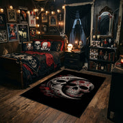 Ornamental Twin Skull Area Rug styled in a gothic bedroom with a dark bed and wall art