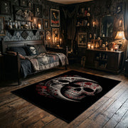 Ornamental Twin Skull Area Rug wide room view with dark furnishings and Halloween decorations