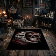 Ornamental Twin Skull Area Rug styled in a candlelit gothic living room