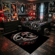 Ornamental Twin Skull Area Rug shown beside a dark bed in a Halloween themed bedroom