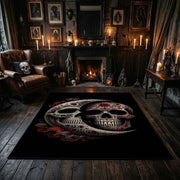Ornamental Twin Skull Area Rug displayed on a dark floor beside red accented shelving