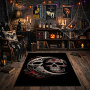 Ornamental Twin Skull Area Rug front view in a warm candlelit gothic room