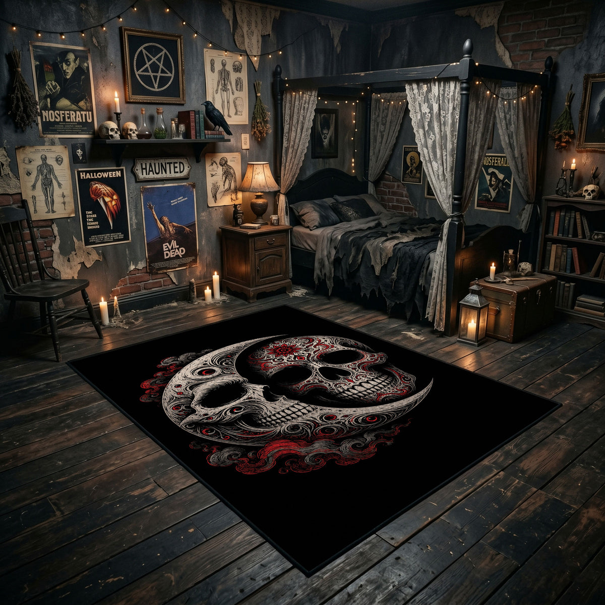 Ornamental Twin Skull Area Rug displayed in a richly decorated room with a central table