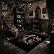 Ornamental Twin Skull Area Rug angled view beside gothic bedroom furniture
