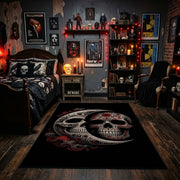 Ornamental Twin Skull Area Rug displayed beneath a gallery of gothic wall art