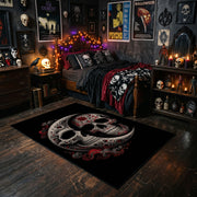 Ornamental Twin Skull Area Rug styled in a room with red shelves and spooky ornaments