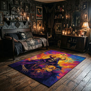 Vivid Skeleton Figure Area Rug wide room view with Halloween decorations