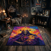 Vivid Skeleton Figure Area Rug styled in a candlelit gothic living room