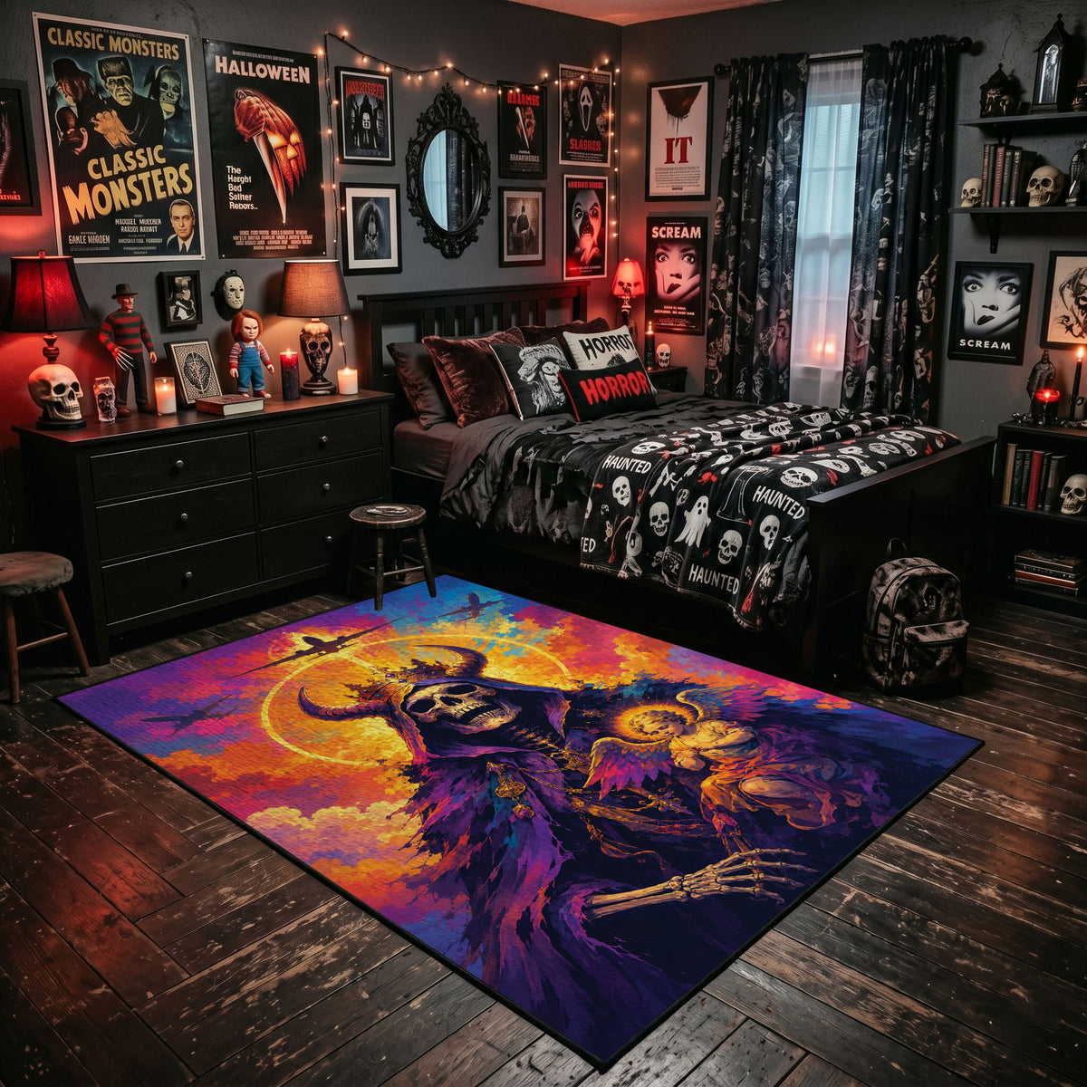 Vivid Skeleton Figure Area Rug shown beside a dark bed in a Halloween themed bedroom