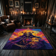 Vivid Skeleton Figure Area Rug displayed beside red accented shelving