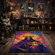 Vivid Skeleton Figure Area Rug front view in a warm candlelit room