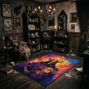 Vivid Skeleton Figure Area Rug angled view beside gothic bedroom furniture